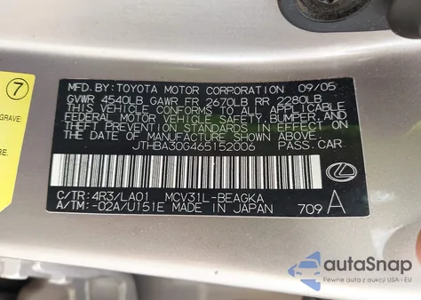 2006 Lexus Es 330 из США, поврежденный, VIN JTHBA30G465152006